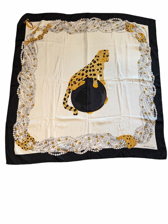 Cartier Accessories - Cartier Silk Scarf in Black, White & Gold with Leopard Motif
